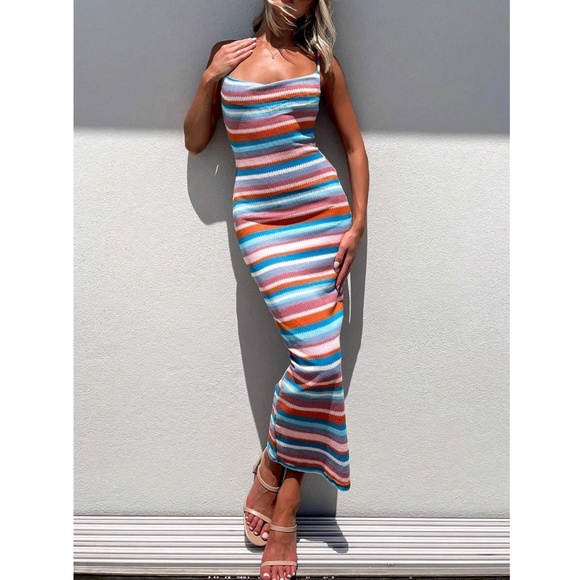 Knit Striped Cami Dress Side Leg Slit Long - Picture 2 of 6